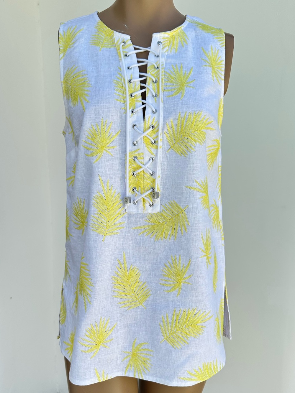 Michael Kors White Sleeveless Lace-Up Tunic with Yellow Palm Print